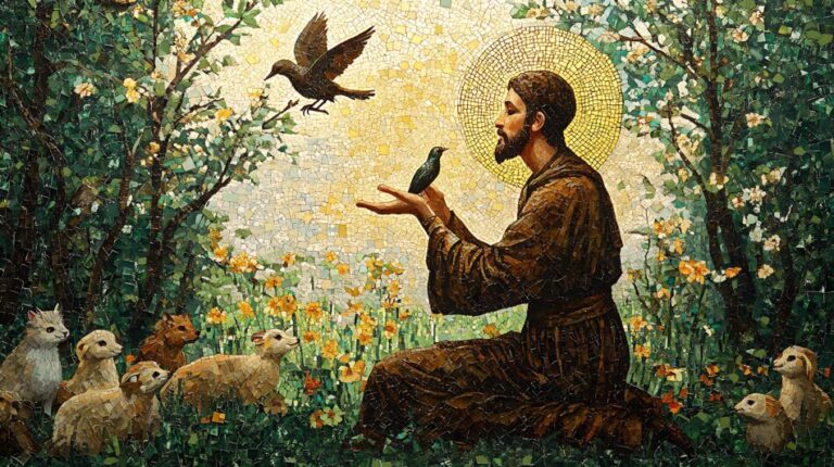 Illustrazione di San Francesco circondato da animali simbolo di armonia con la natura
